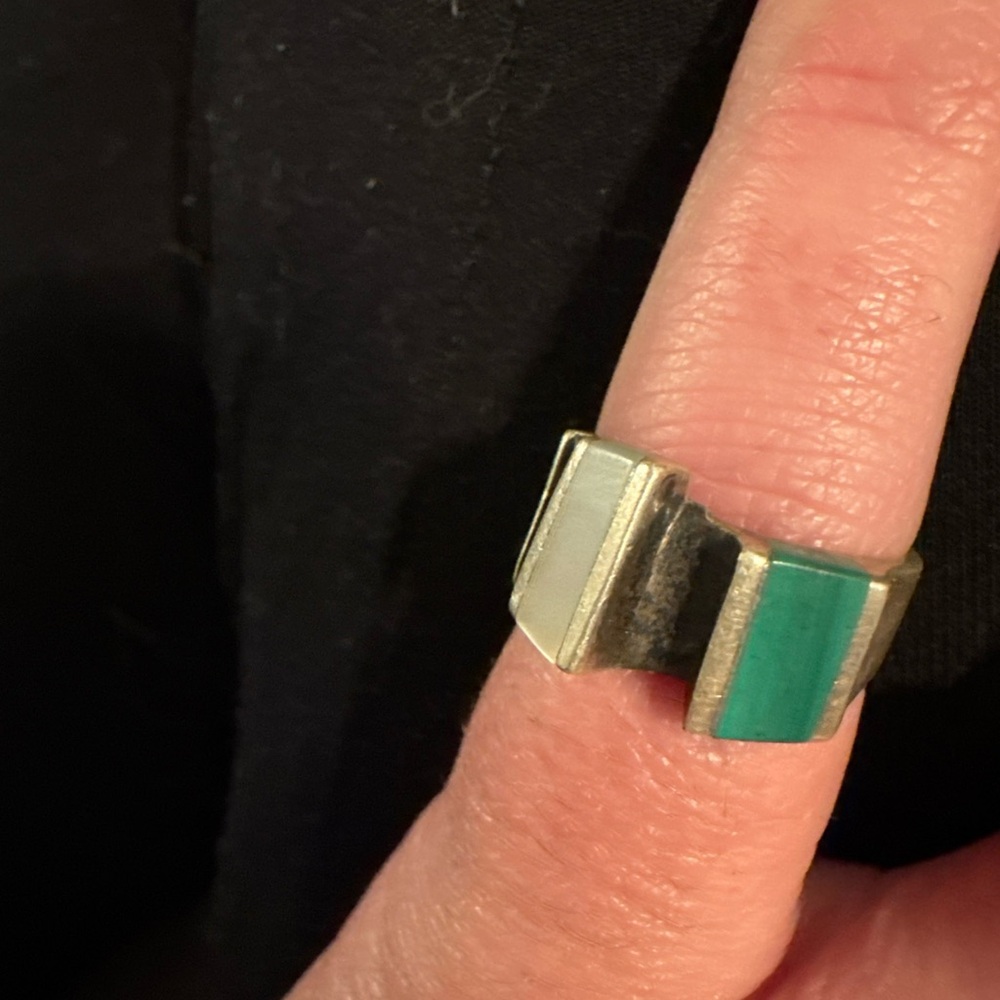Green and White Accents Mother of Pearl and Green Stone Art Deco Ring, Vintage